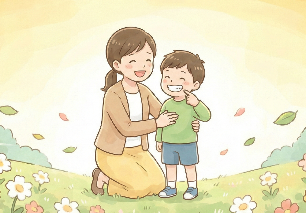 スマイル歯科クリニックでの小児矯正無料相談のあと、安心して任せることができた親子のイラスト